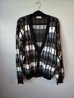 Vintage AREA Geometric Cardigan Sweater Made in USA Abstract Pattern Mens Large